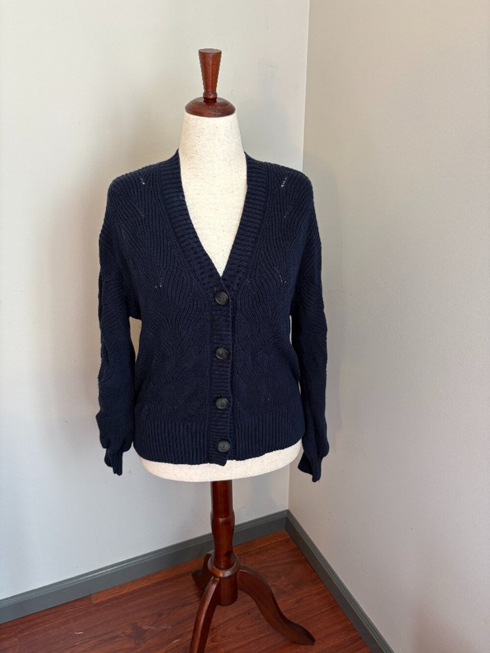 LOFT Navy Blue Open Knit Button Front Cardigan Sweater Women’s Large
